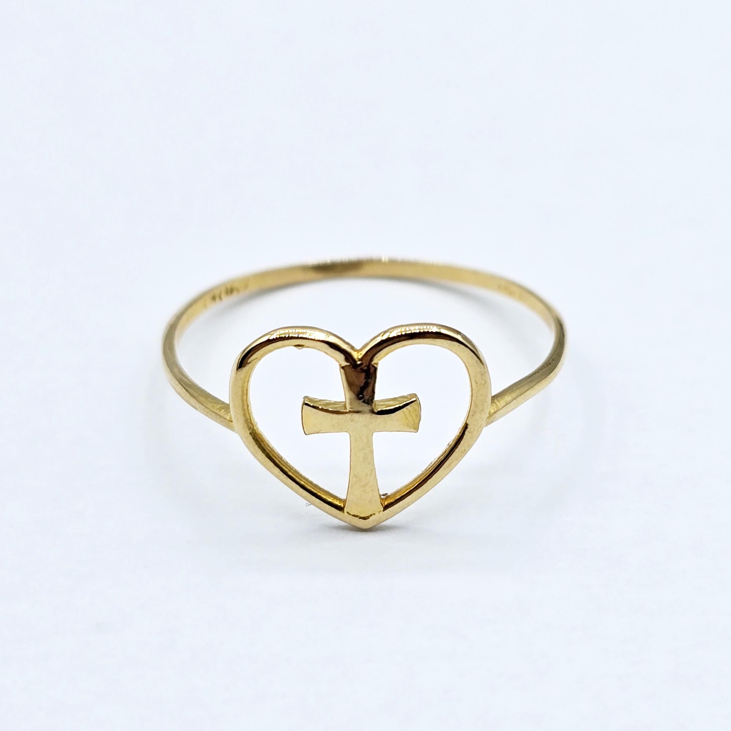 18K Yellow Gold Cross Heart Ring, Dainty Christian Jewelry