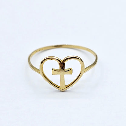 18K Yellow Gold Cross Heart Ring, Dainty Christian Jewelry