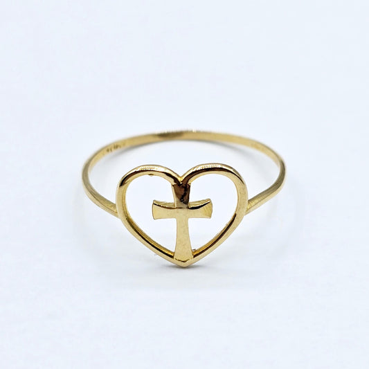 18K Yellow Gold Cross Heart Ring, Dainty Christian Jewelry