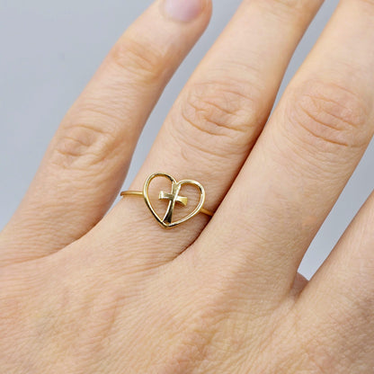 18K Yellow Gold Cross Heart Ring, Dainty Christian Jewelry