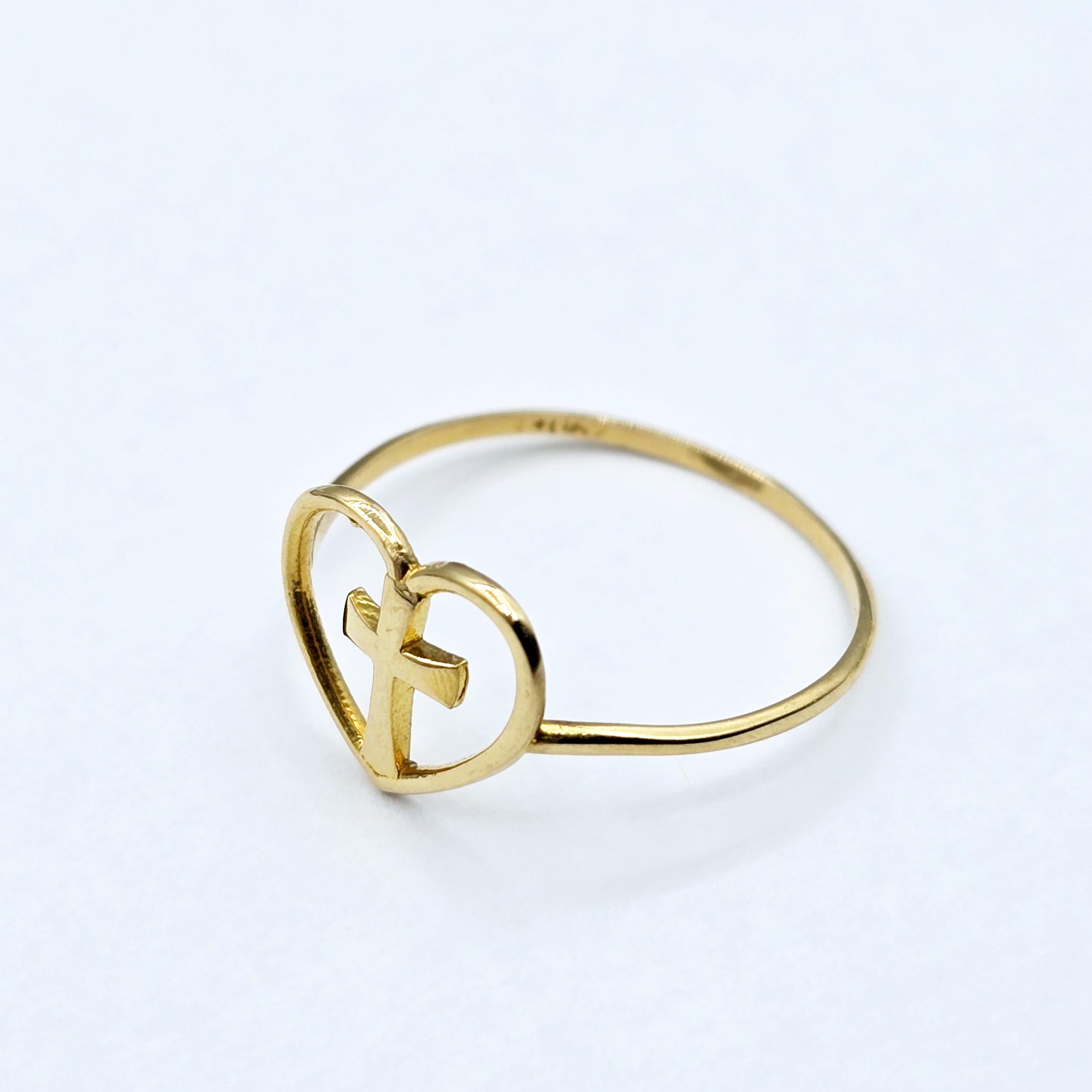 18K Yellow Gold Cross Heart Ring, Dainty Christian Jewelry