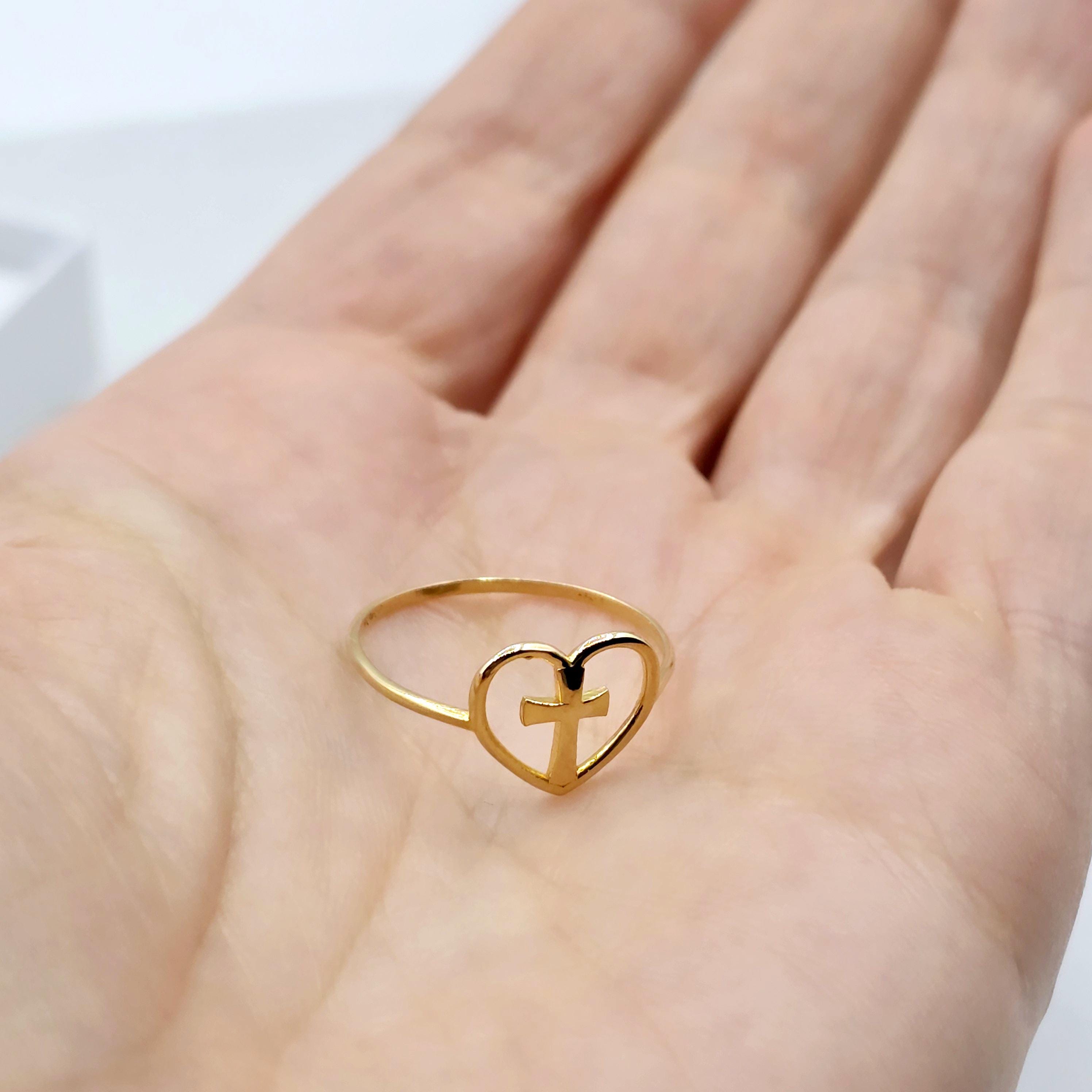 18K Yellow Gold Cross Heart Ring, Dainty Christian Jewelry