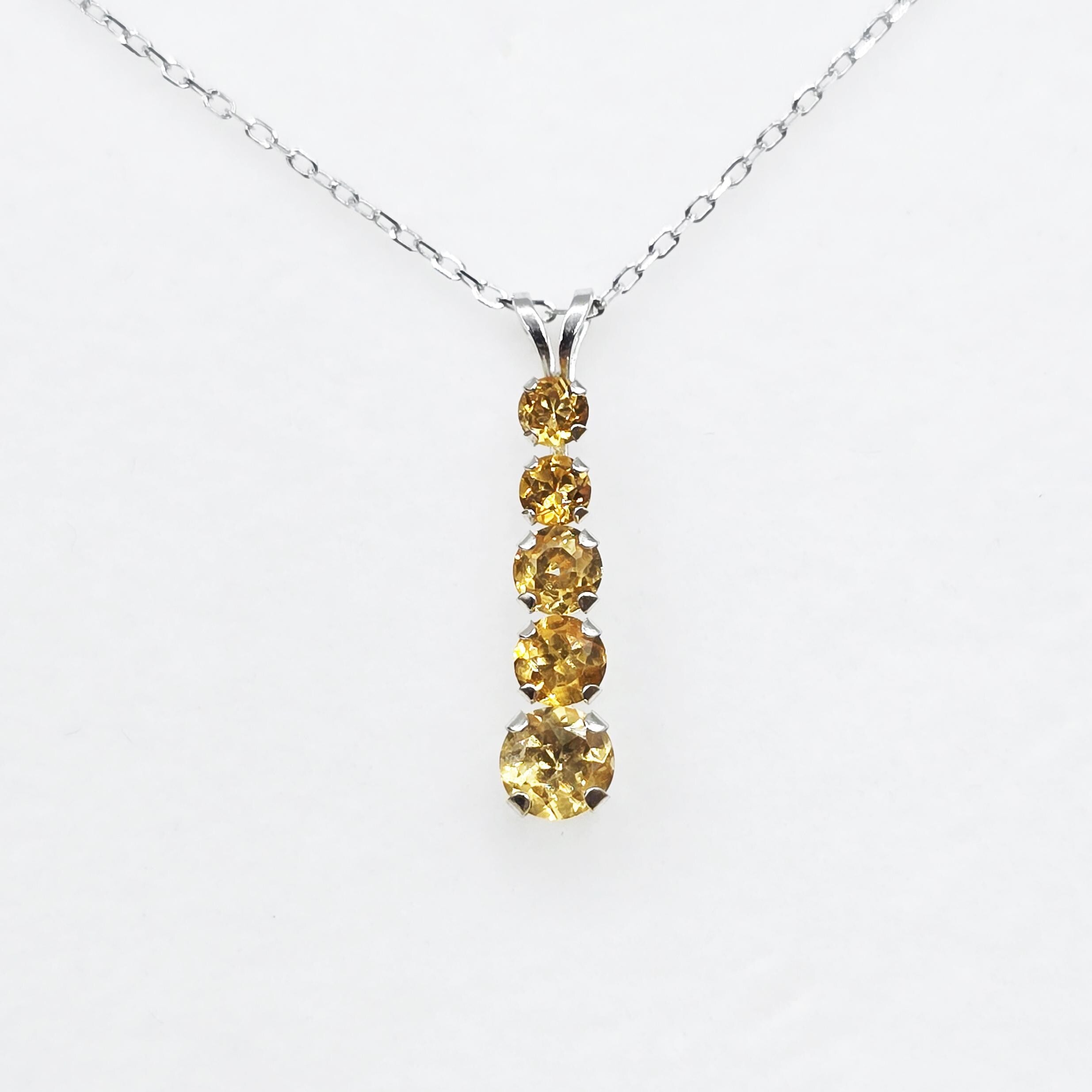 14K White Gold Citrine Pendant, Graduated Gemstone Necklace