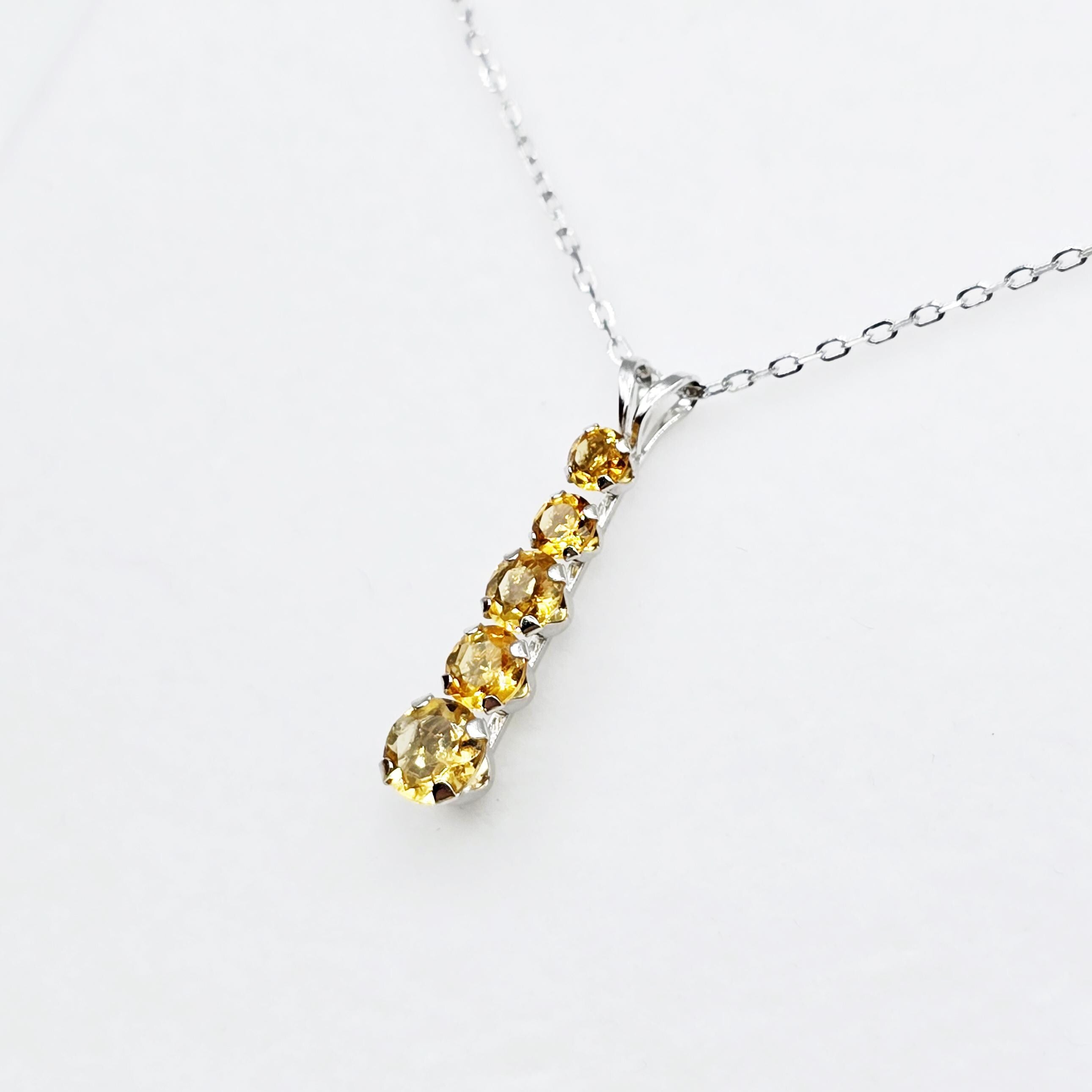 14K White Gold Citrine Pendant, Graduated Gemstone Necklace