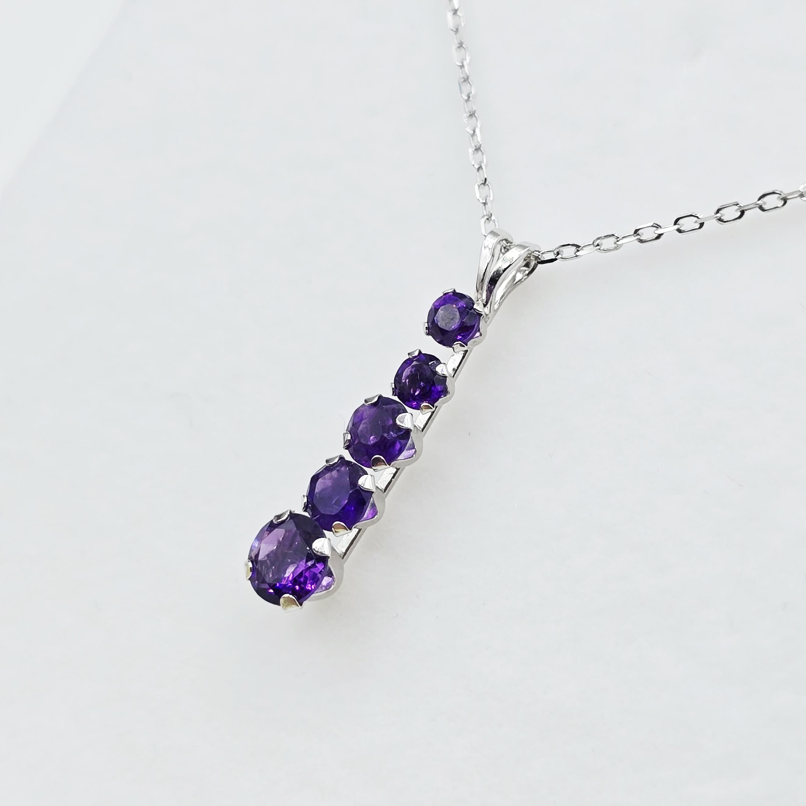 14K White Gold Amethyst Pendant Necklace Æ’?? Graduated 5-Stone Drop