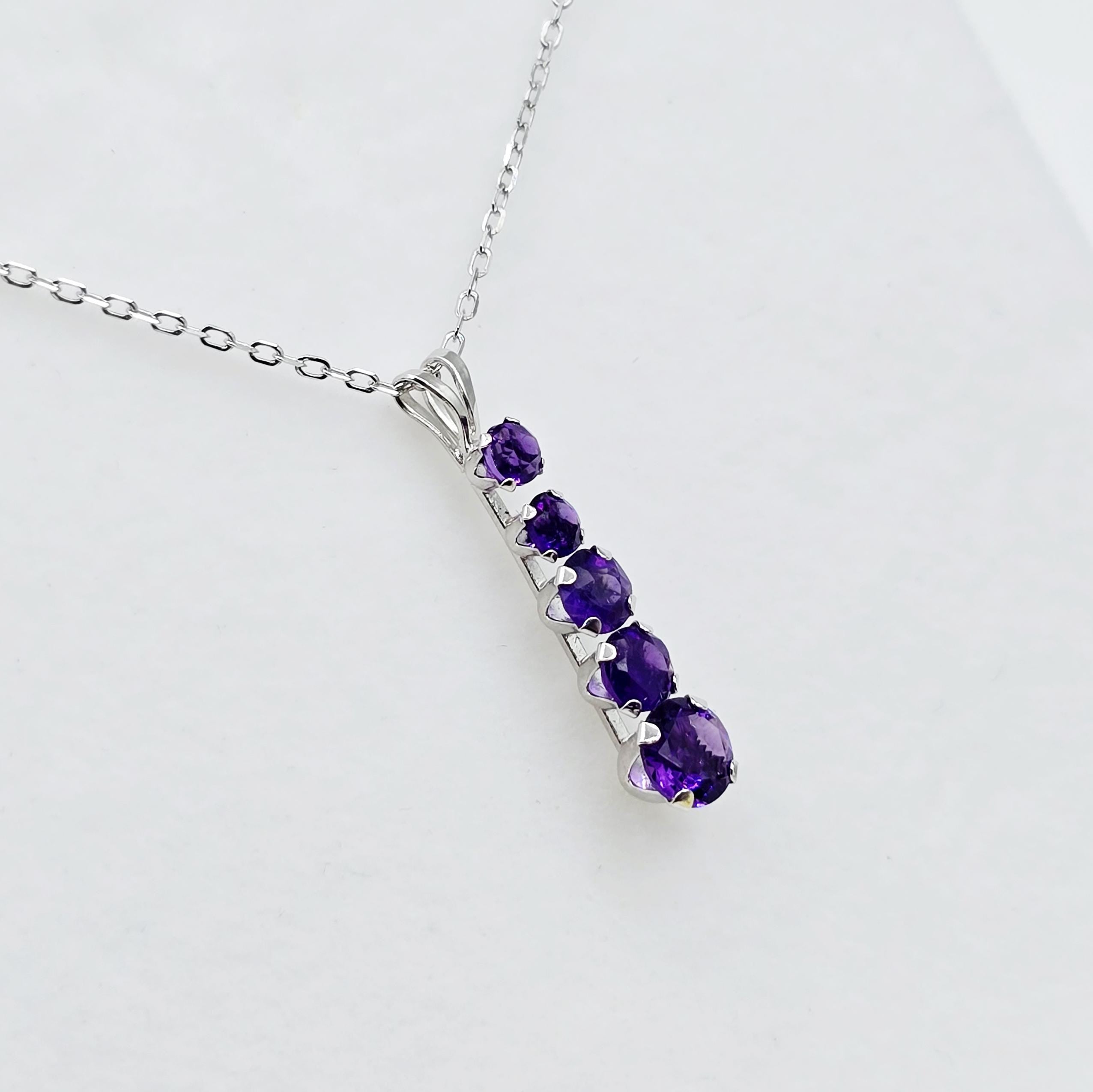 14K White Gold Amethyst Pendant Necklace Æ’?? Graduated 5-Stone Drop