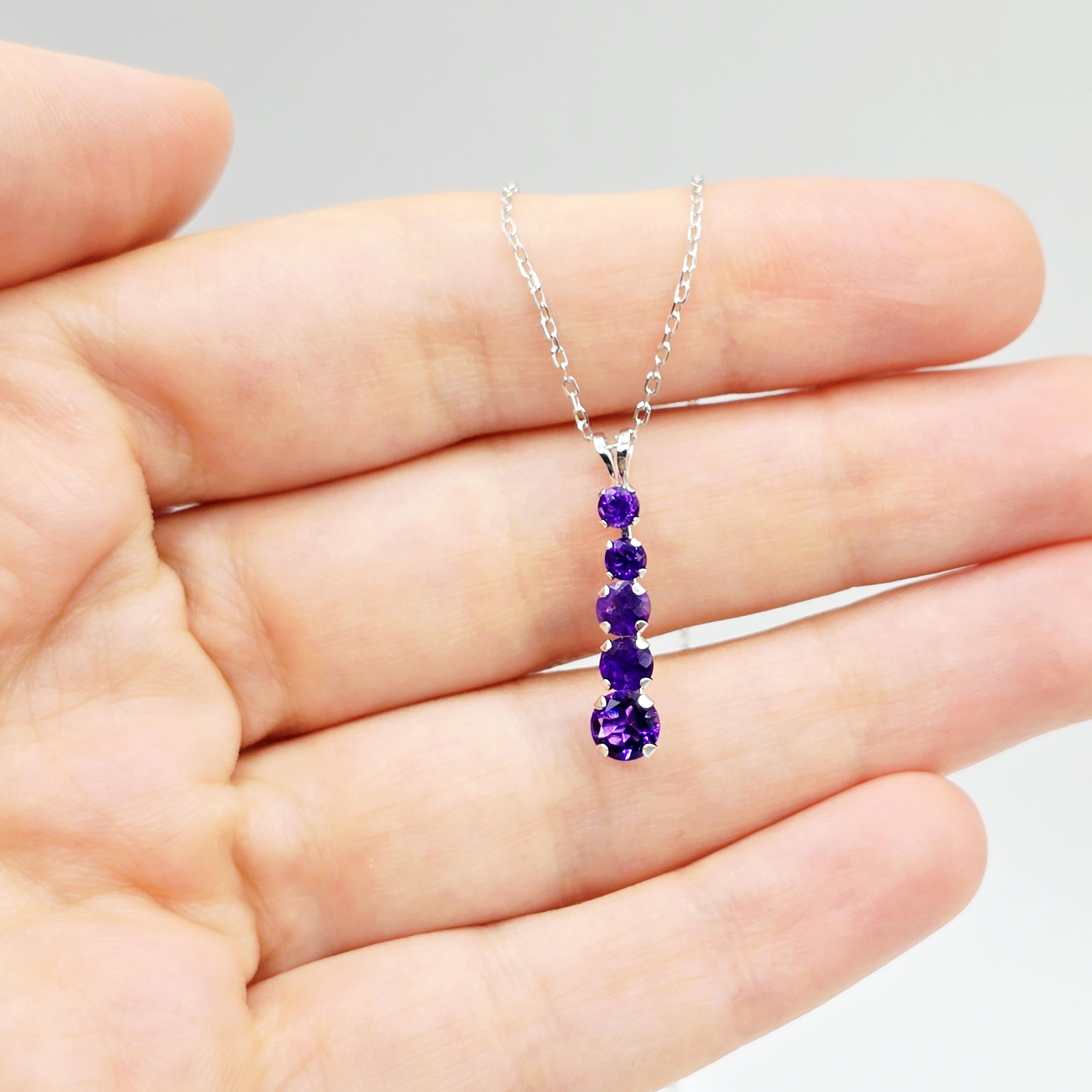 14K White Gold Amethyst Pendant Necklace Æ’?? Graduated 5-Stone Drop