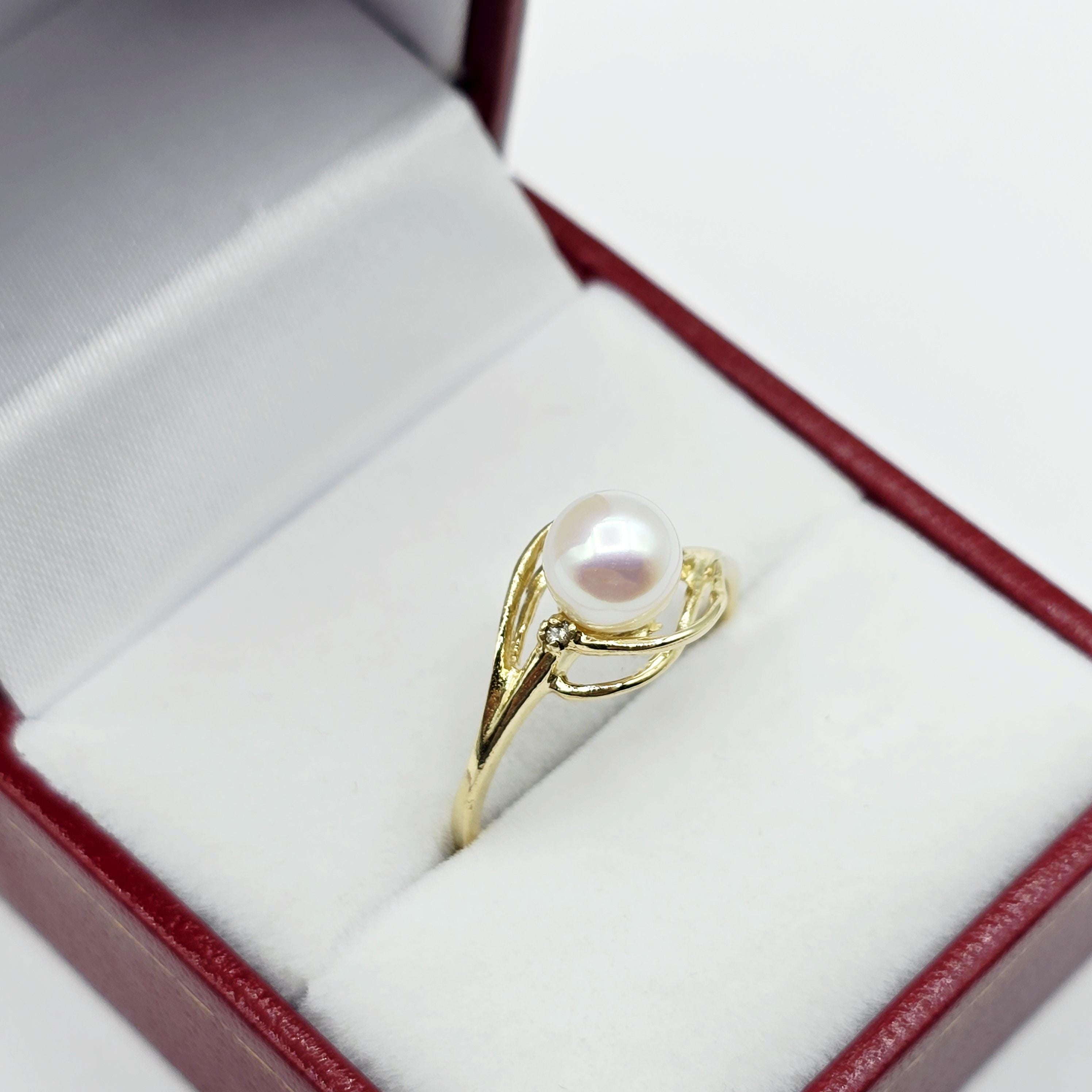 14K Yellow Gold Cultured Pearl Ring, June Birthstone, Diamond Accent