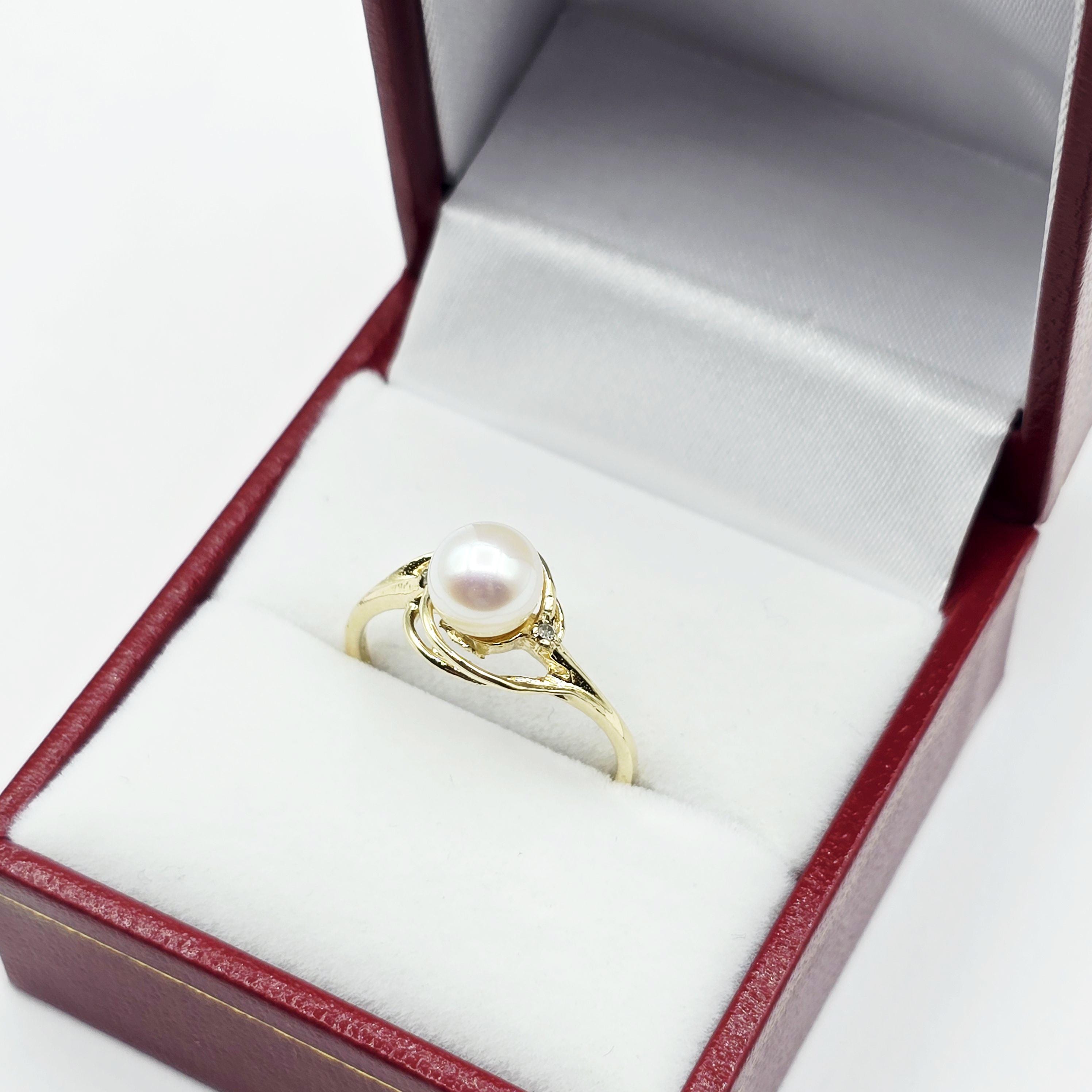 14K Yellow Gold Cultured Pearl Ring, June Birthstone, Diamond Accent