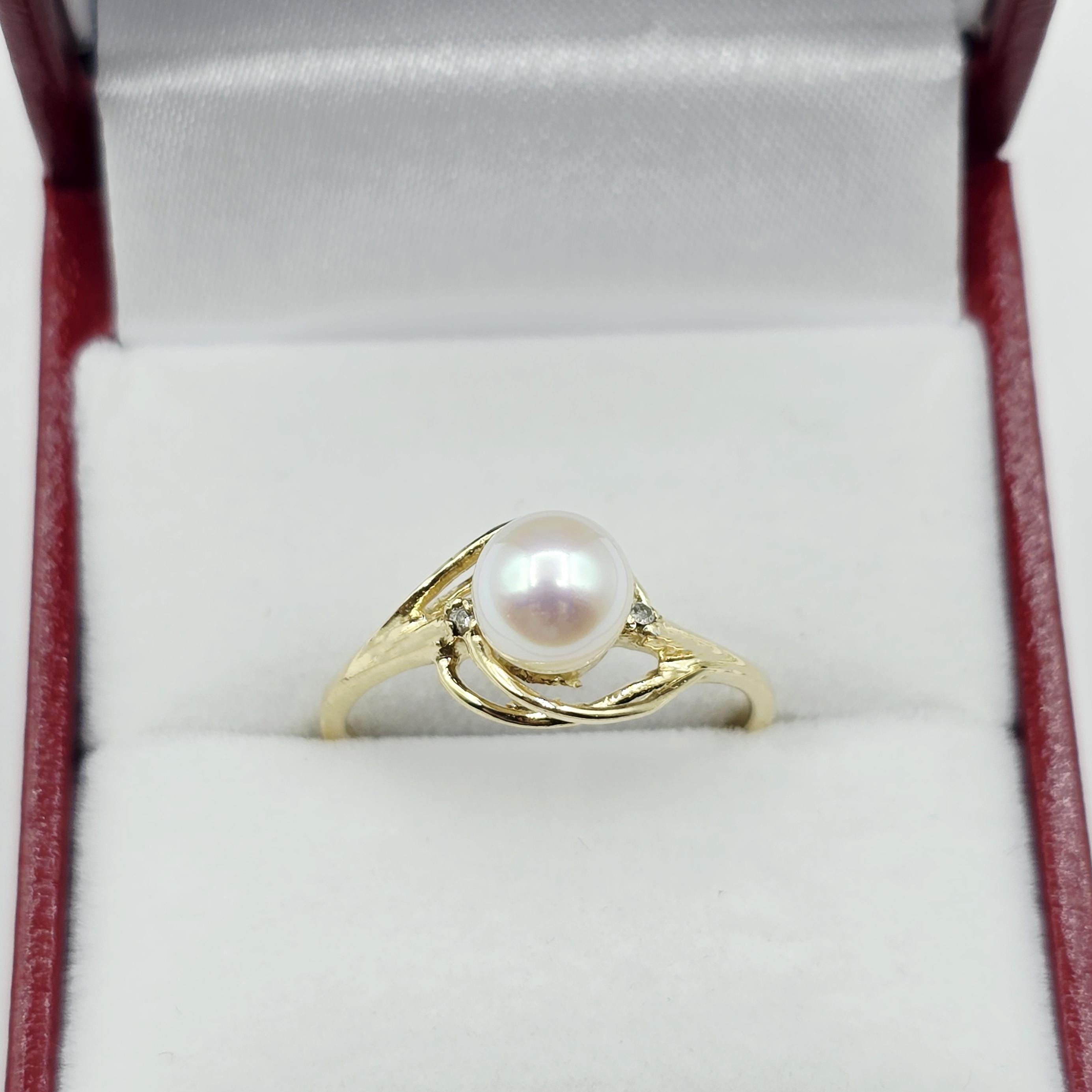 14K Yellow Gold Cultured Pearl Ring, June Birthstone, Diamond Accent