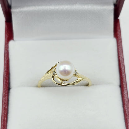 14K Yellow Gold Cultured Pearl Ring, June Birthstone, Diamond Accent