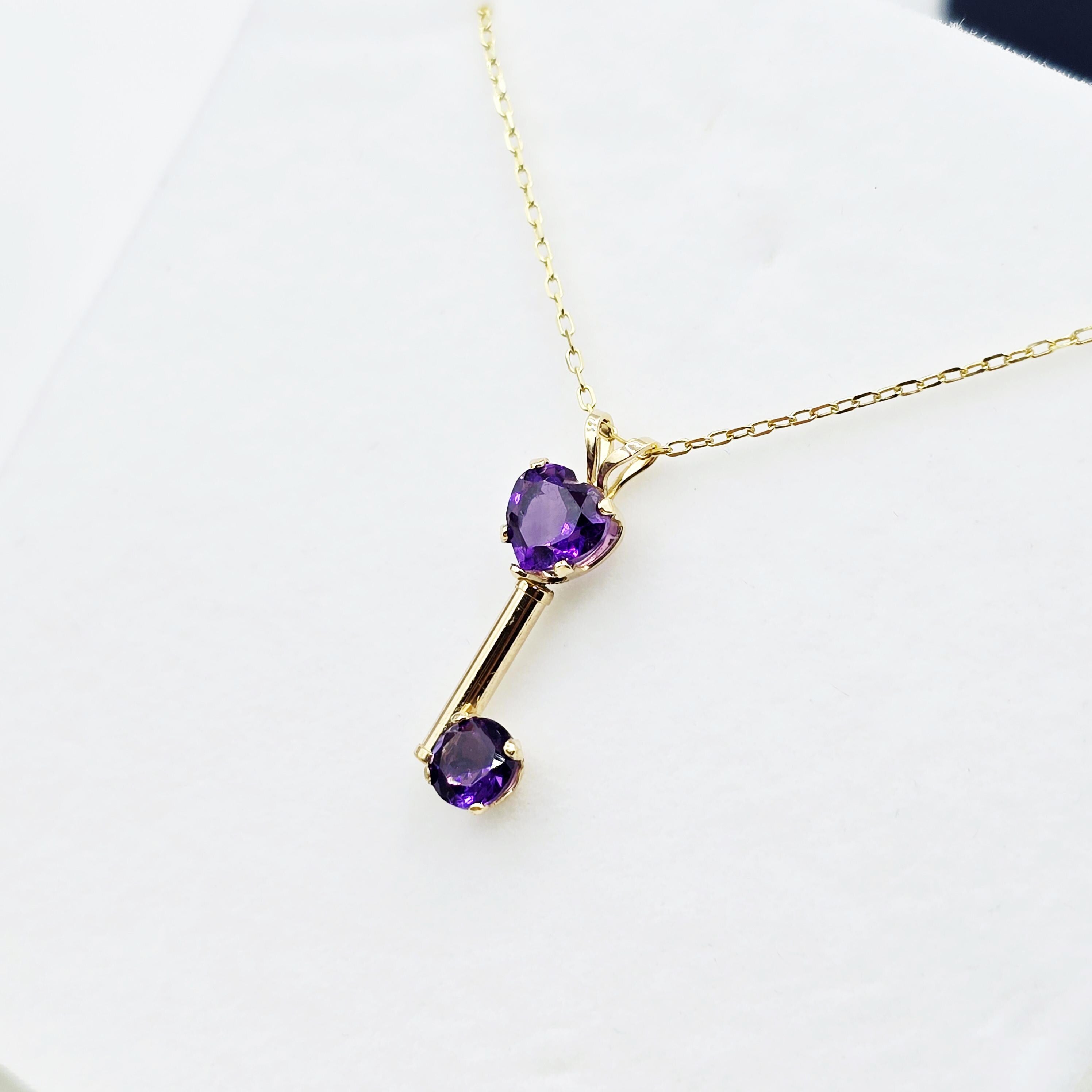 14K Yellow Gold Amethyst Heart Pendant Necklace, February Birthstone