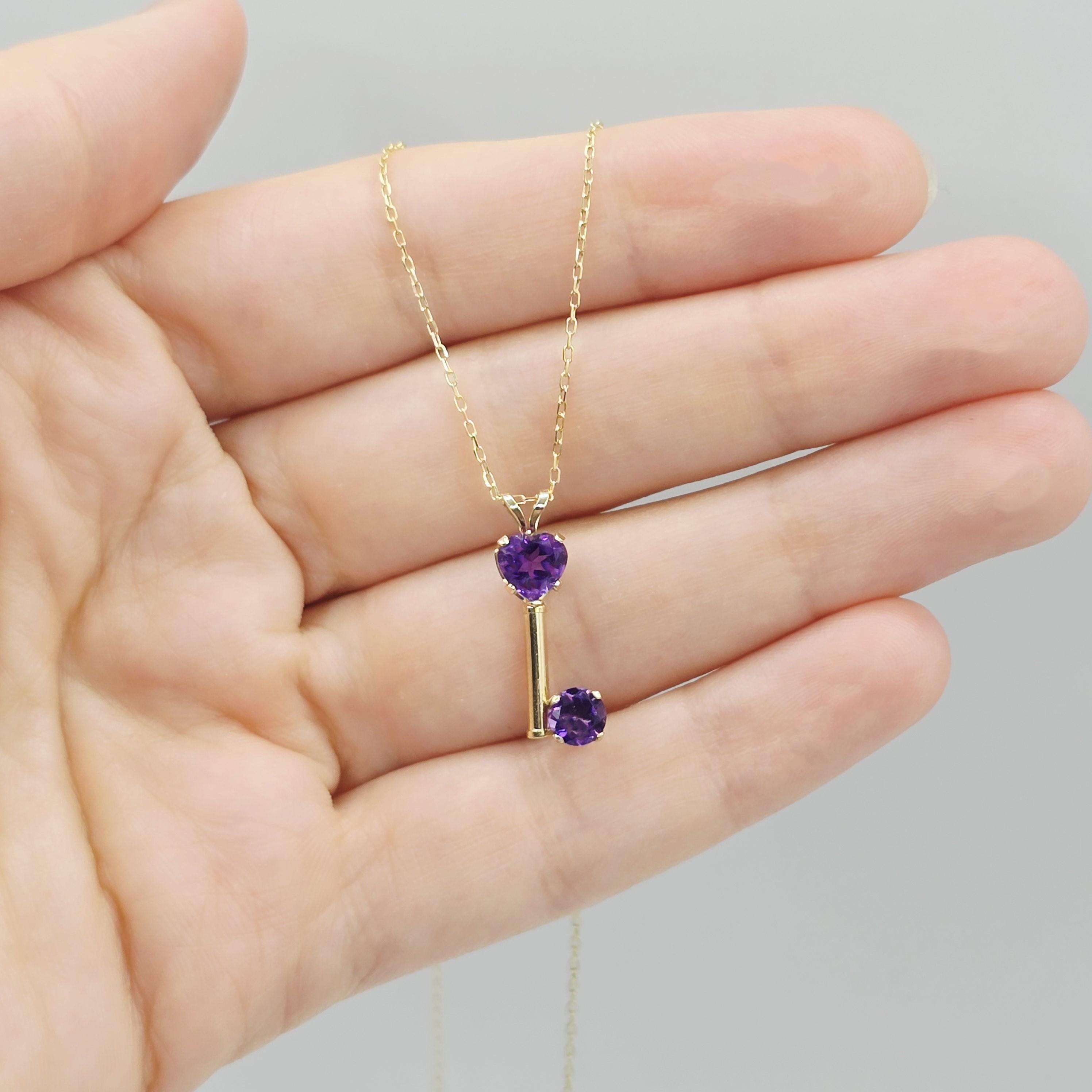 14K Yellow Gold Amethyst Heart Pendant Necklace, February Birthstone
