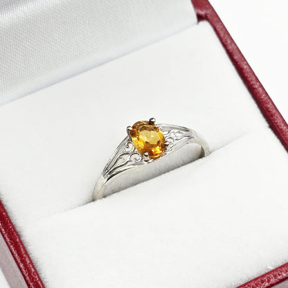 10K White Gold Gemstone Ring, Natural Oval, Filigree Ring