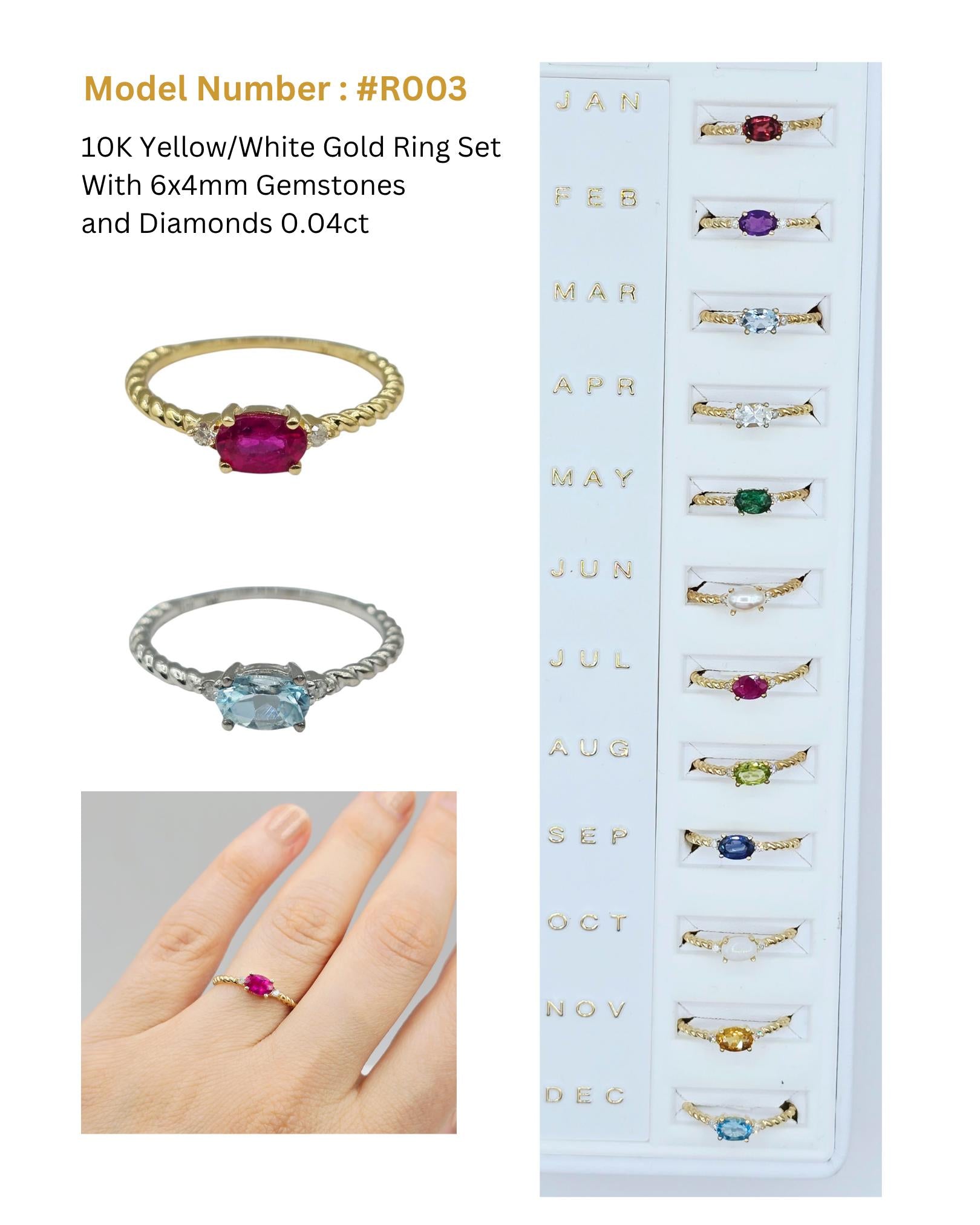 10K Gold Ring, Genuine Gemstone 6x4mm, Diamond Accent, Dainty Fine Jewelry