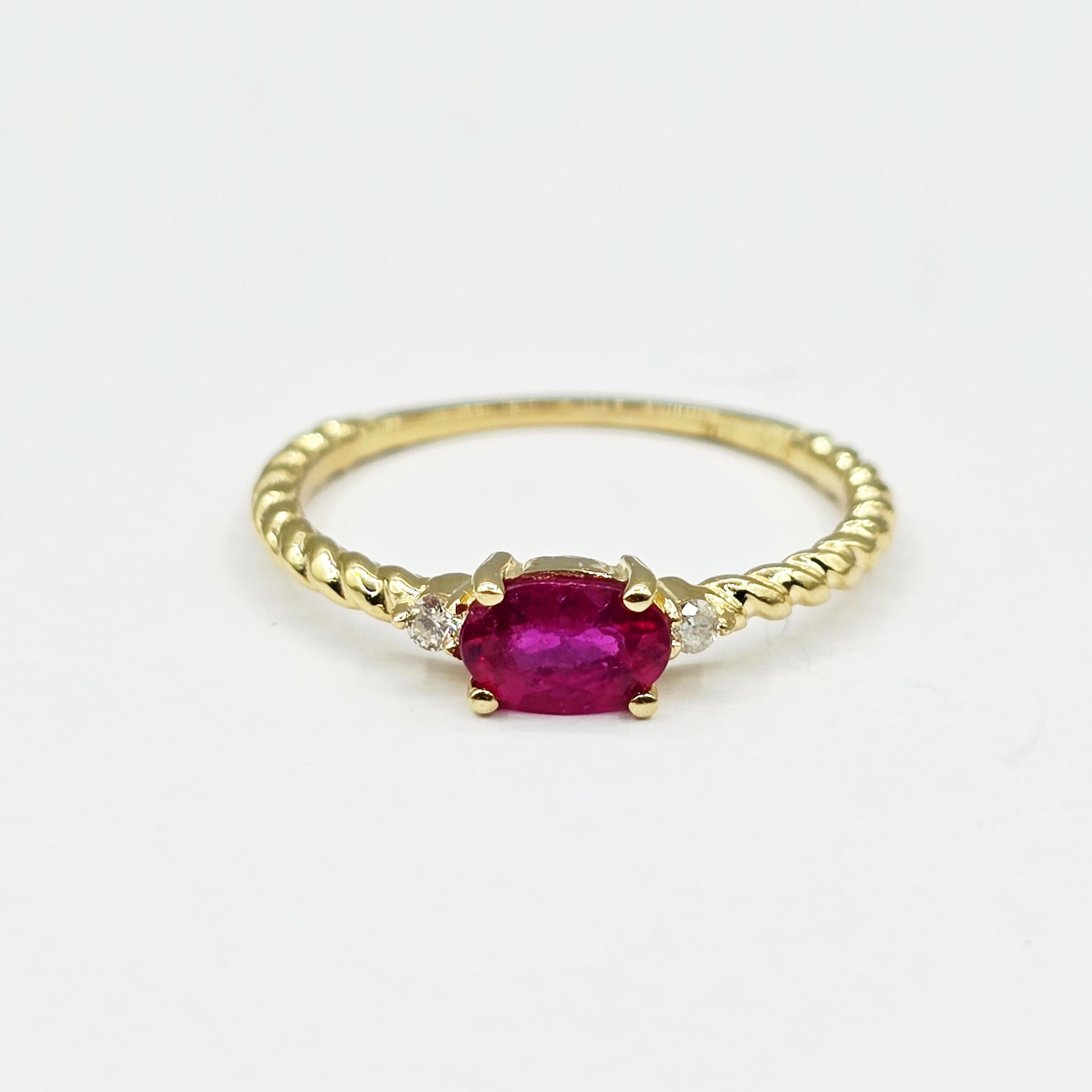 10K Gold Ring, Genuine Gemstone 6x4mm, Diamond Accent, Dainty Fine Jewelry