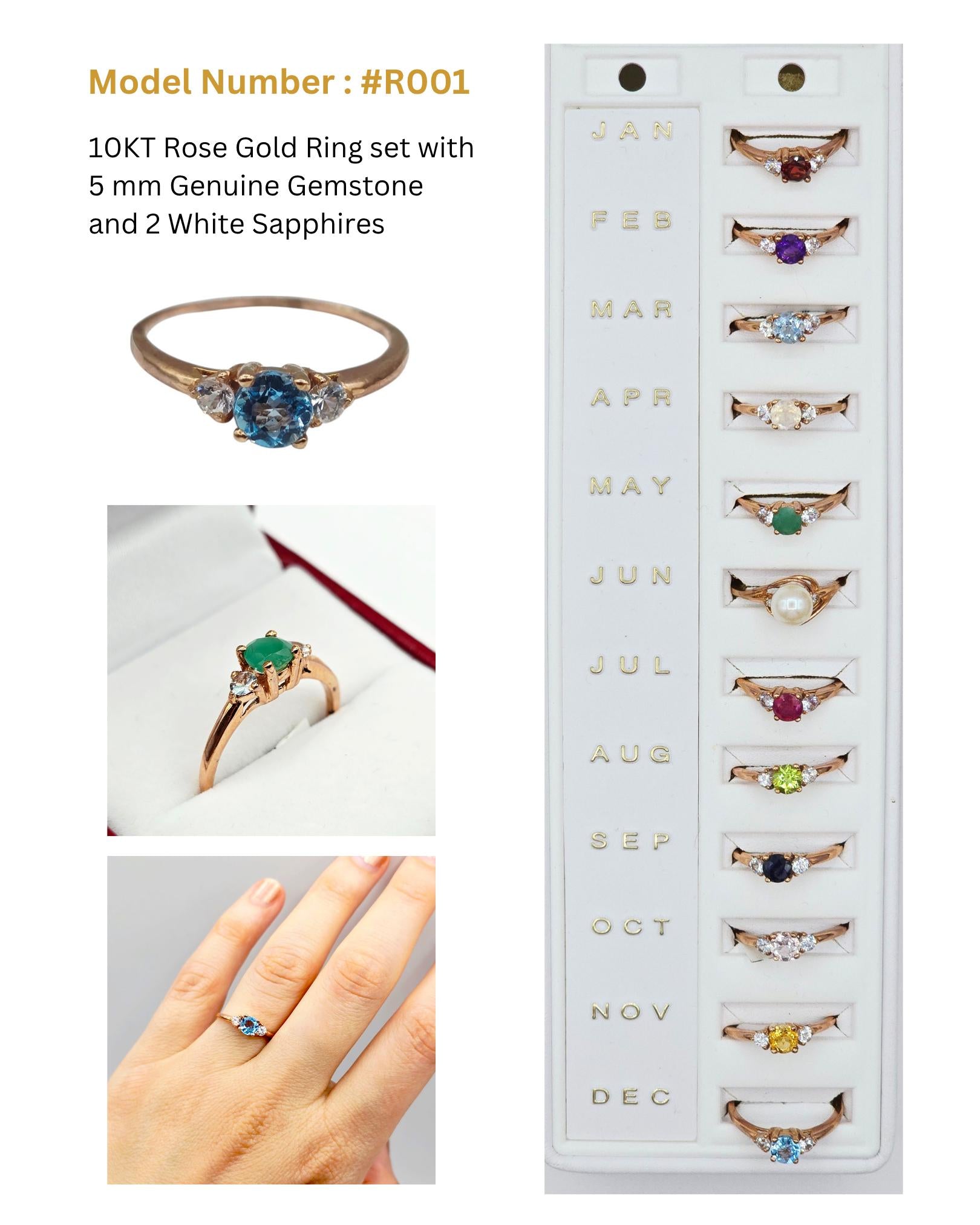 10K Rose Gold Gemstone Ring, White Sapphire Accent, Handmade Jewelry, Birthday Gift for Her