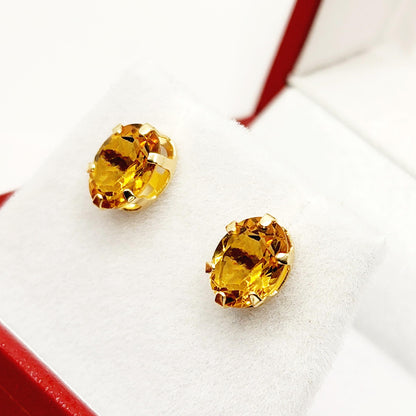 10K Yellow Gold Citrine Stud Earrings, November Birthstone 8x6mm, Birthday Gift for Women