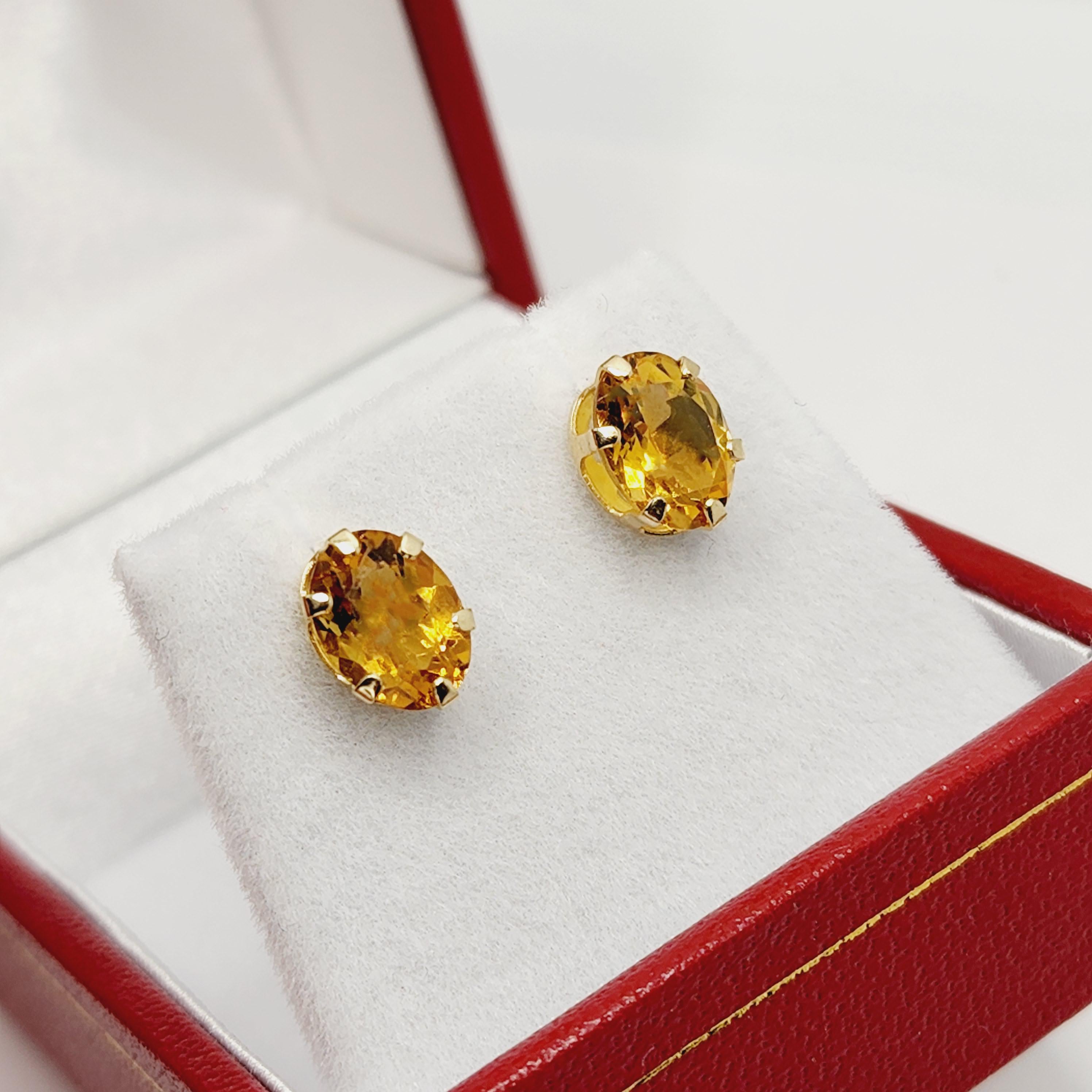 10K Yellow Gold Citrine Stud Earrings, November Birthstone 8x6mm, Birthday Gift for Women