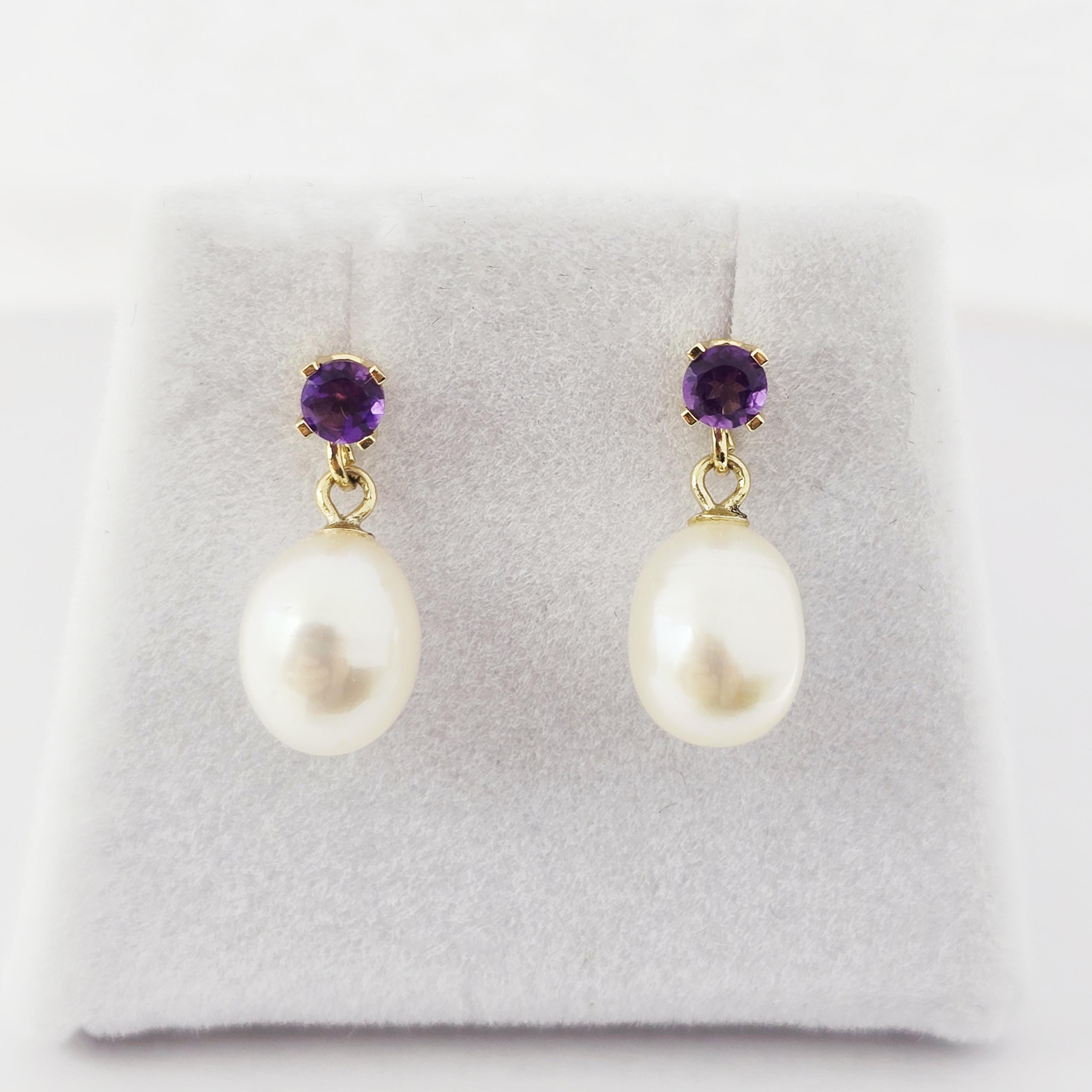 14K Gold Freshwater Pearl Drop Earrings with Genuine Gemstone