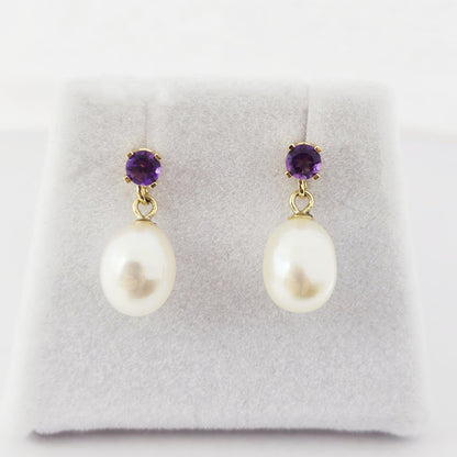 14K Gold Freshwater Pearl Drop Earrings with Genuine Gemstone