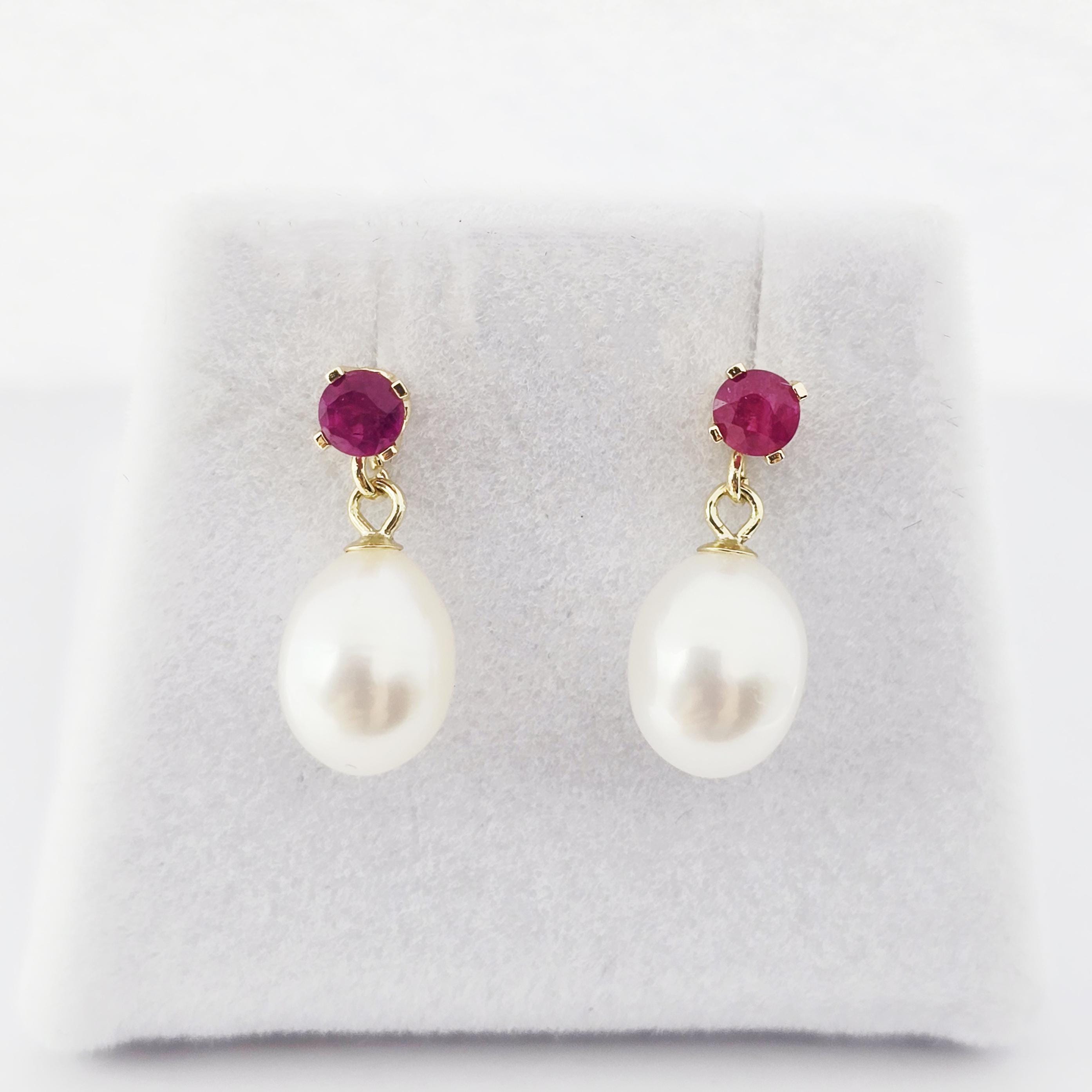 14K Gold Freshwater Pearl Drop Earrings with Genuine Gemstone