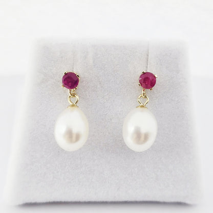 14K Gold Freshwater Pearl Drop Earrings with Genuine Gemstone