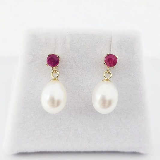 14K Gold Freshwater Pearl Drop Earrings with Genuine Gemstone