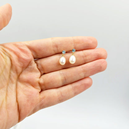 14K Gold Freshwater Pearl Drop Earrings with Genuine Gemstone