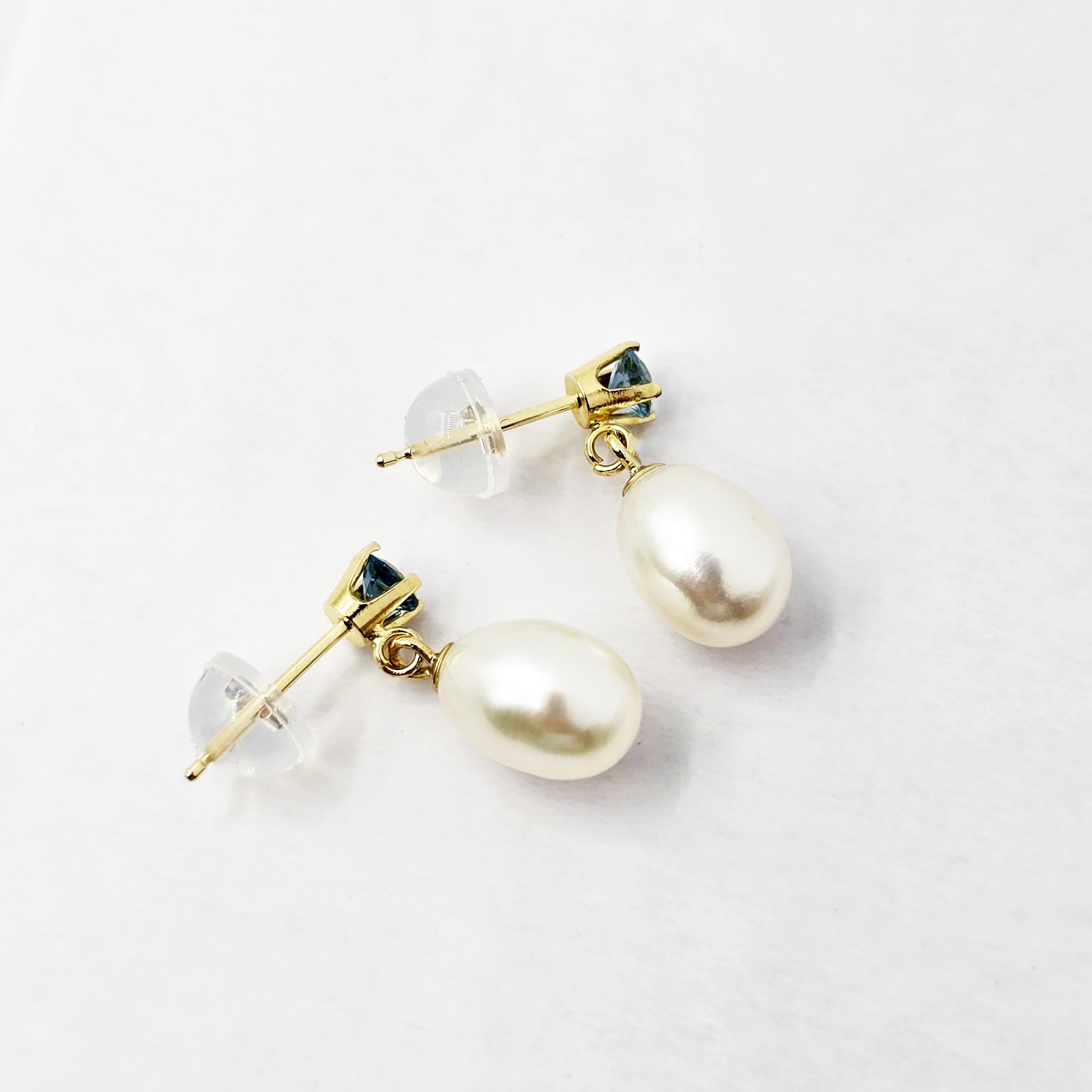 14K Gold Freshwater Pearl Drop Earrings with Genuine Gemstone