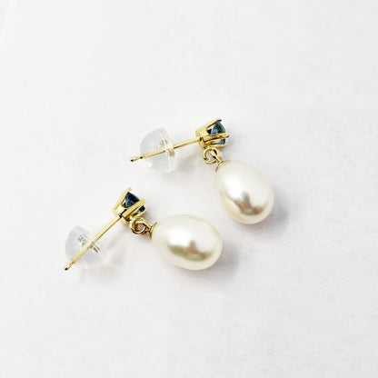 14K Gold Freshwater Pearl Drop Earrings with Genuine Gemstone