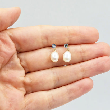 14K Gold Freshwater Pearl Drop Earrings with Genuine Gemstone
