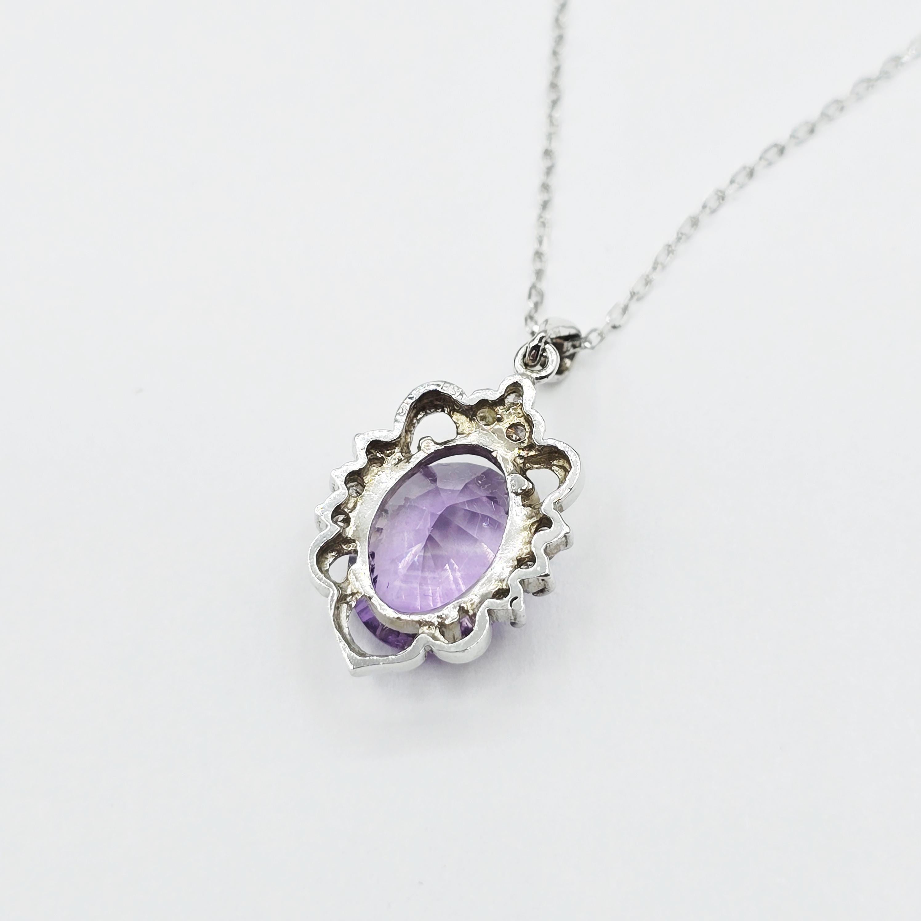 14K White Gold Amethyst Diamond Pendant, February Birthstone