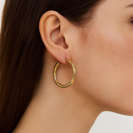 10K Yellow Gold Hoop Earrings, Textured 25mm