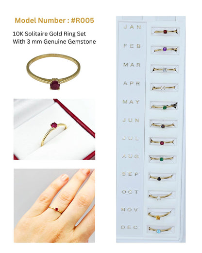 10K Gold Solitaire Ring: 3mm Genuine Gemstone Birthstone