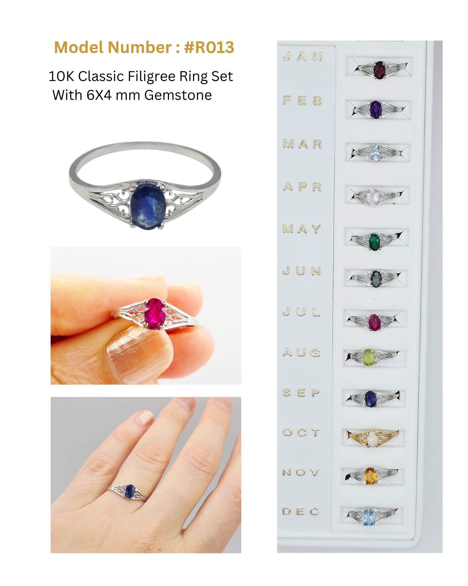 10K White Gold Gemstone Ring, Natural Oval, Filigree Ring