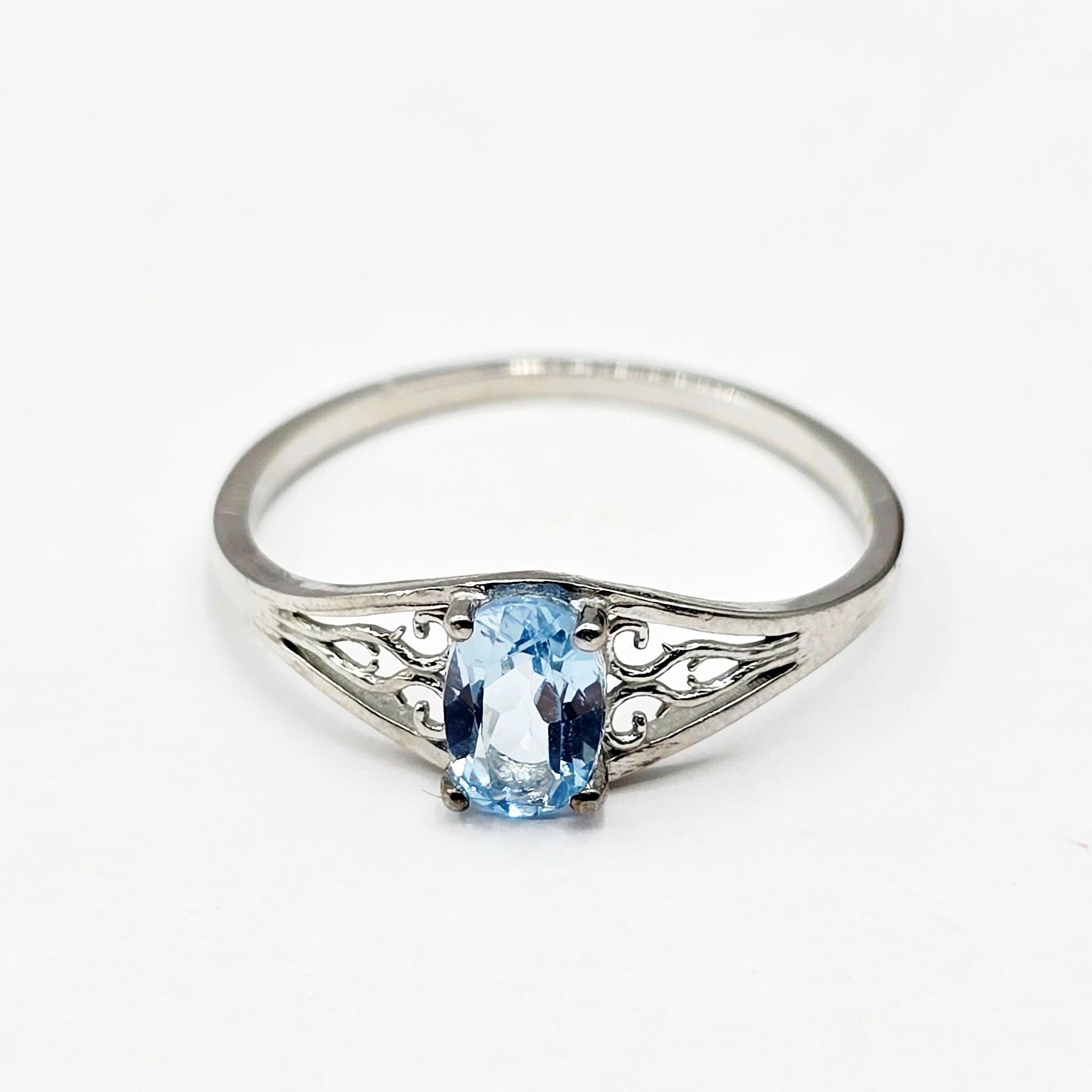 10K White Gold Gemstone Ring, Natural Oval, Filigree Ring