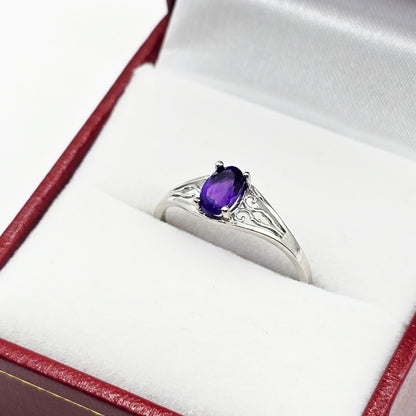10K White Gold Gemstone Ring, Natural Oval, Filigree Ring