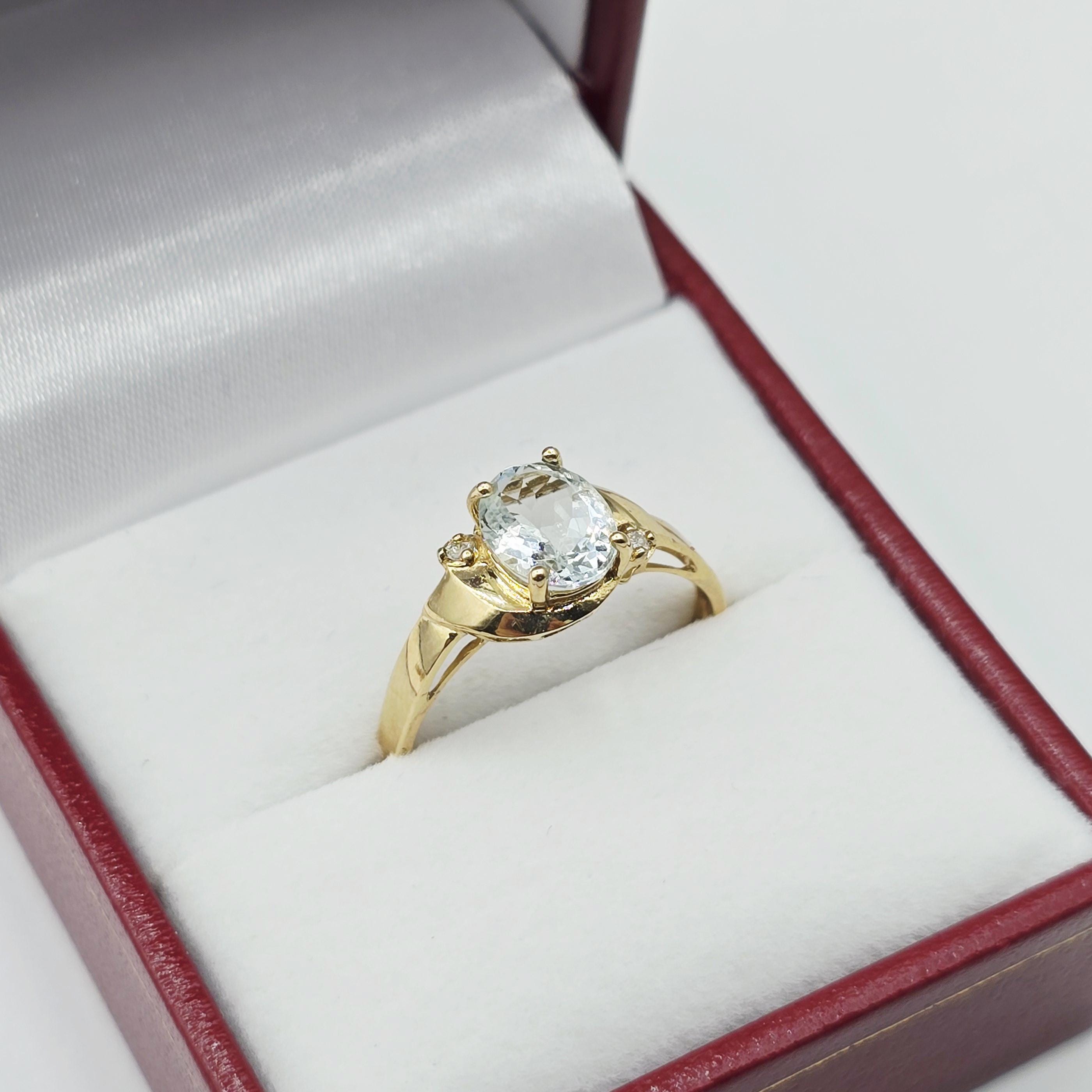 10K Gold Aquamarine Ring with Diamonds, 8x6mm Genuine Gemstone, Birthday Gift for Women