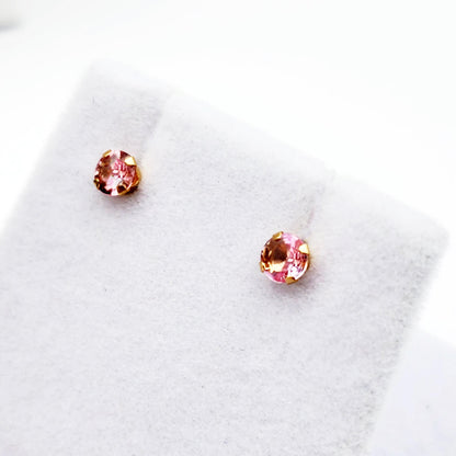 14K Gold Tourmaline 3x3mm Stud Earrings: Minimalist Pink Stone 3mm