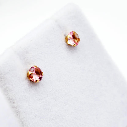 14K Gold Tourmaline 3x3mm Stud Earrings: Minimalist Pink Stone 3mm
