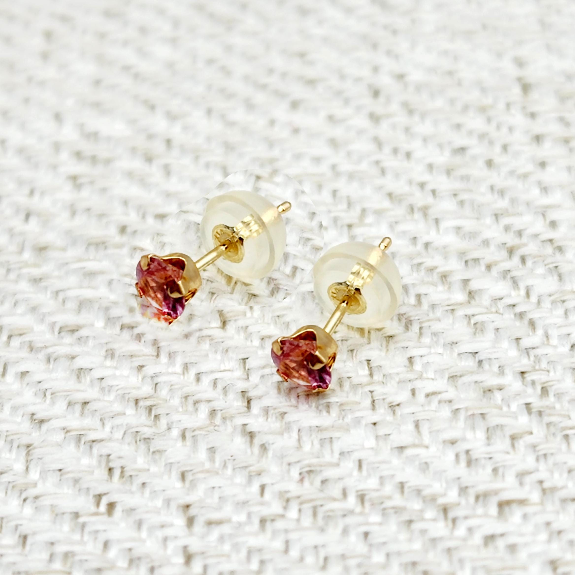 14K Gold Tourmaline 3x3mm Stud Earrings: Minimalist Pink Stone 3mm