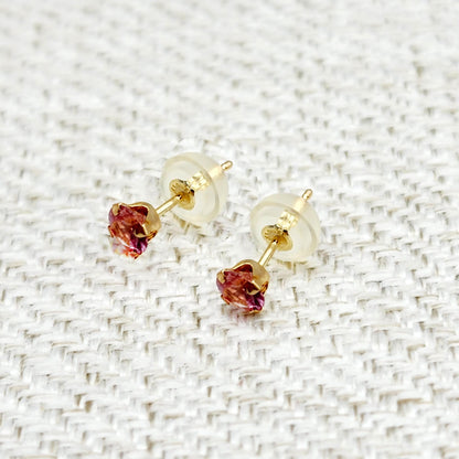 14K Gold Tourmaline 3x3mm Stud Earrings: Minimalist Pink Stone 3mm