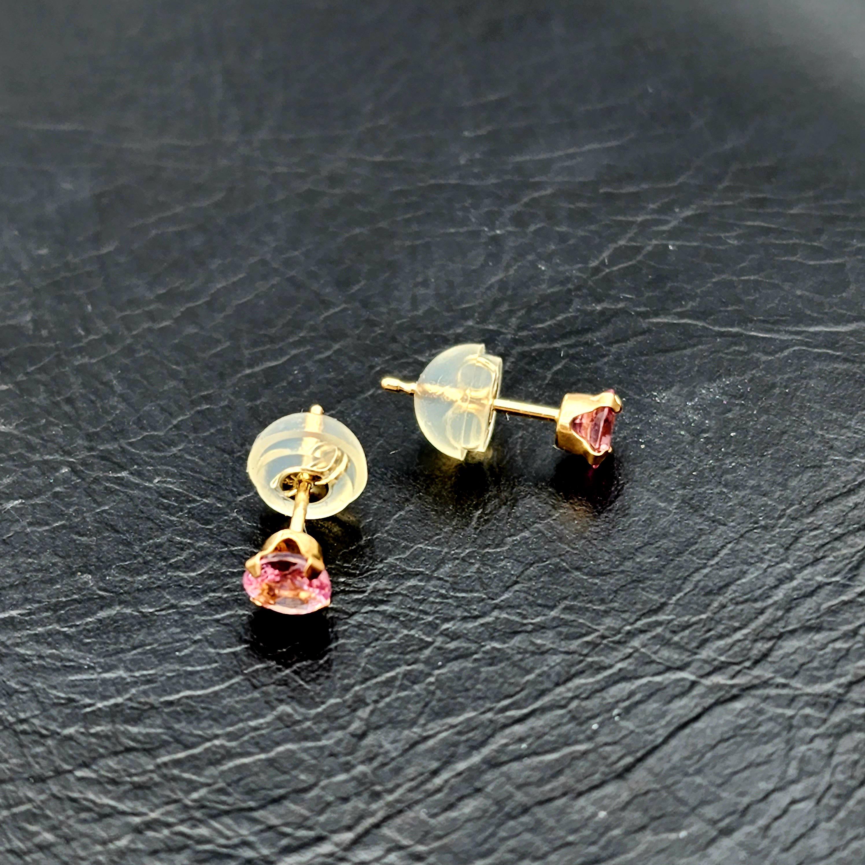 14K Gold Tourmaline 3x3mm Stud Earrings: Minimalist Pink Stone 3mm