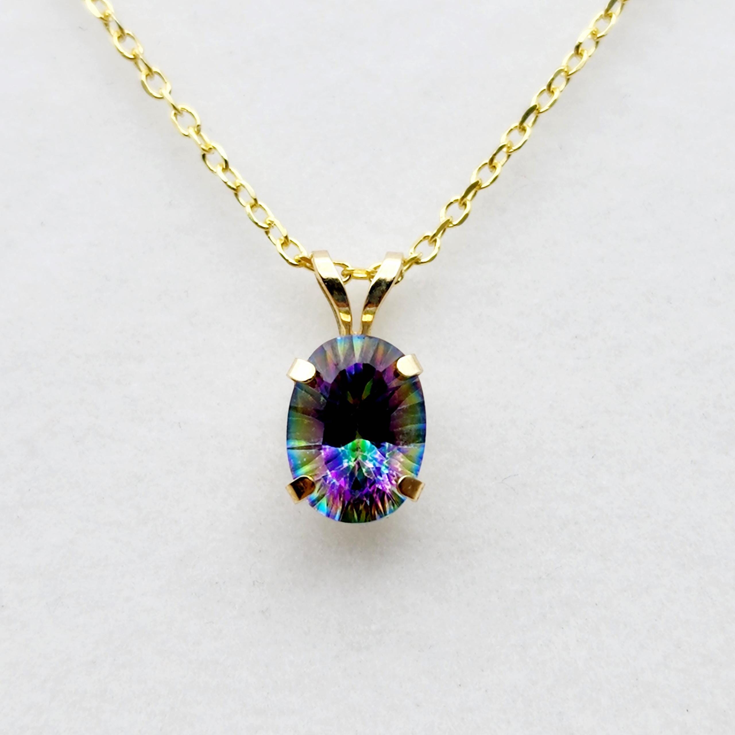 10K Yellow Gold Mystic Topaz 8x6mm Pendant Necklace: Elegant Gemstone