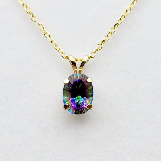 10K Yellow Gold Mystic Topaz 8x6mm Pendant Necklace: Elegant Gemstone