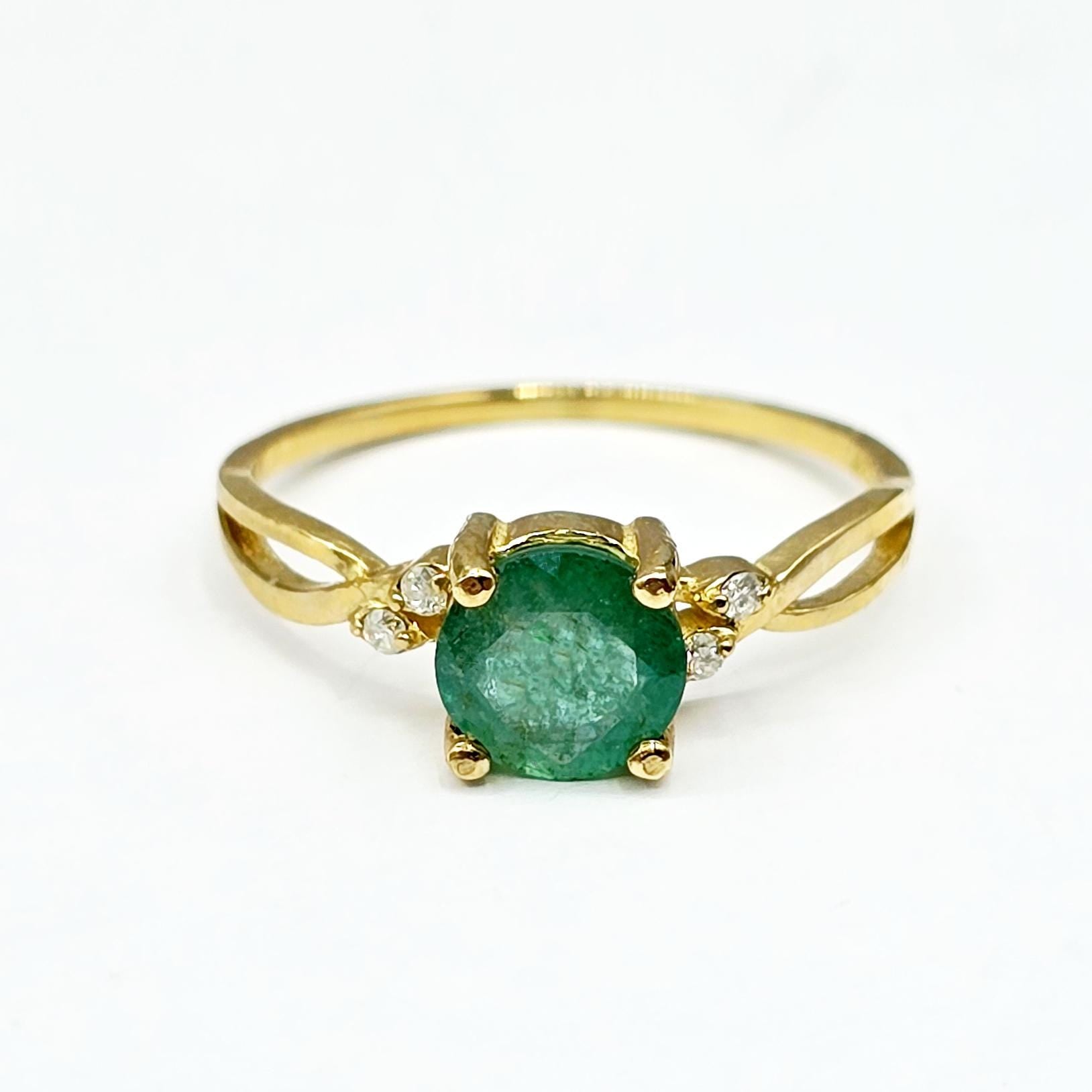 10K Yellow Gold Emerald Ring with Diamonds, Fine Jewelry