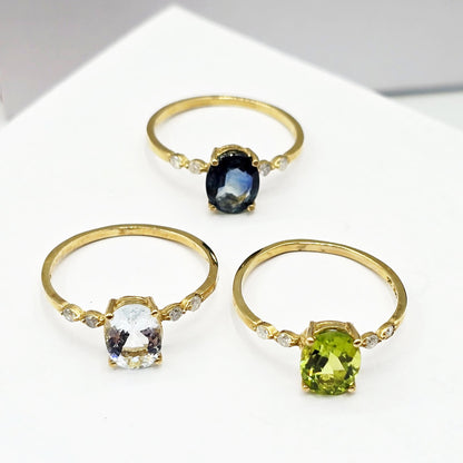 10K Gold Green Tourmaline Ring with Diamonds, Oval Gemstone Promise Ring