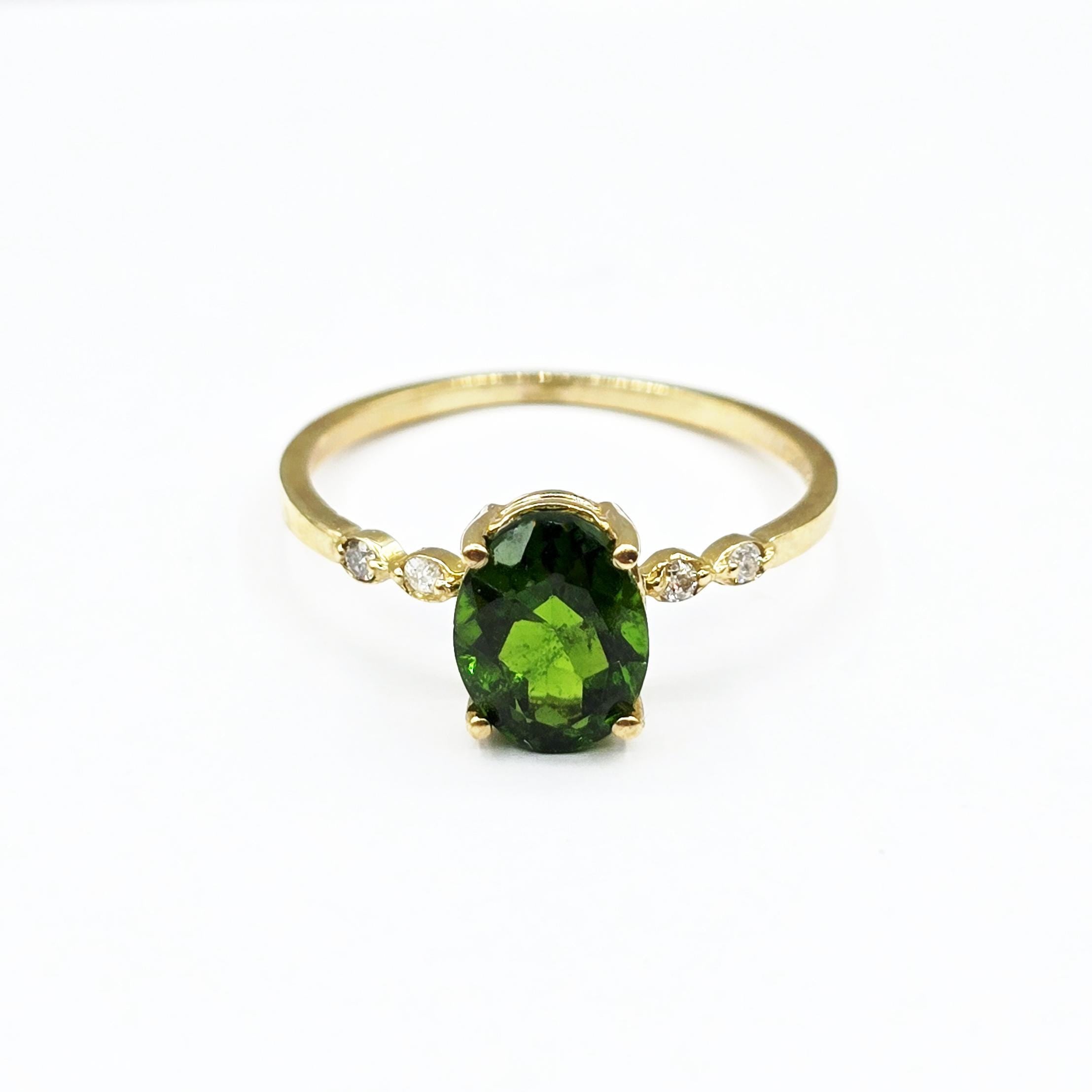 10K Gold Green Tourmaline Ring with Diamonds, Oval Gemstone Promise Ring