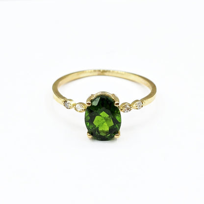 10K Gold Green Tourmaline Ring with Diamonds, Oval Gemstone Promise Ring